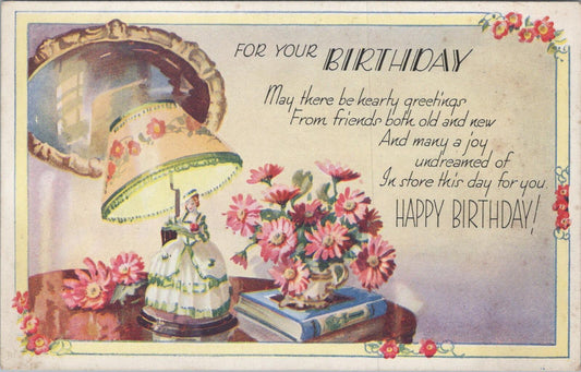 UK Postcard For Your Birthday Crinoline Lady Table Lamp Pink Flowers XT2435