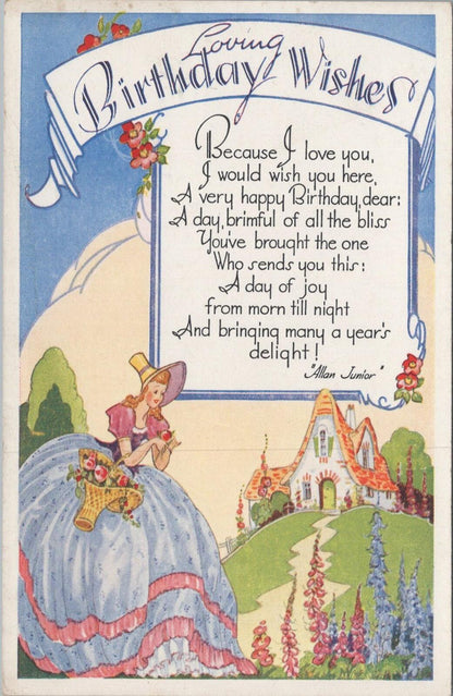 UK Postcard Loving Birthday Wishes Poem Allan Junior Crinoline Lady XT2437