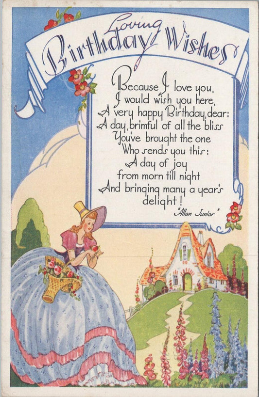 UK Postcard Loving Birthday Wishes Poem Allan Junior Crinoline Lady XT2437