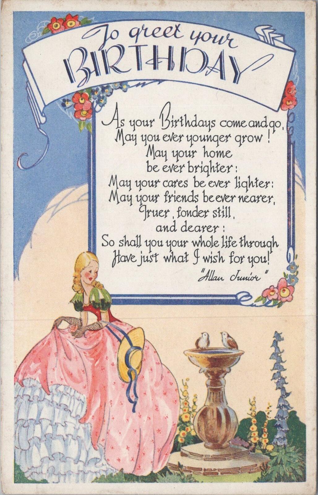 UK Postcard To Greet Your Birthday Poem Allan Junior Crinoline Lady XT2439