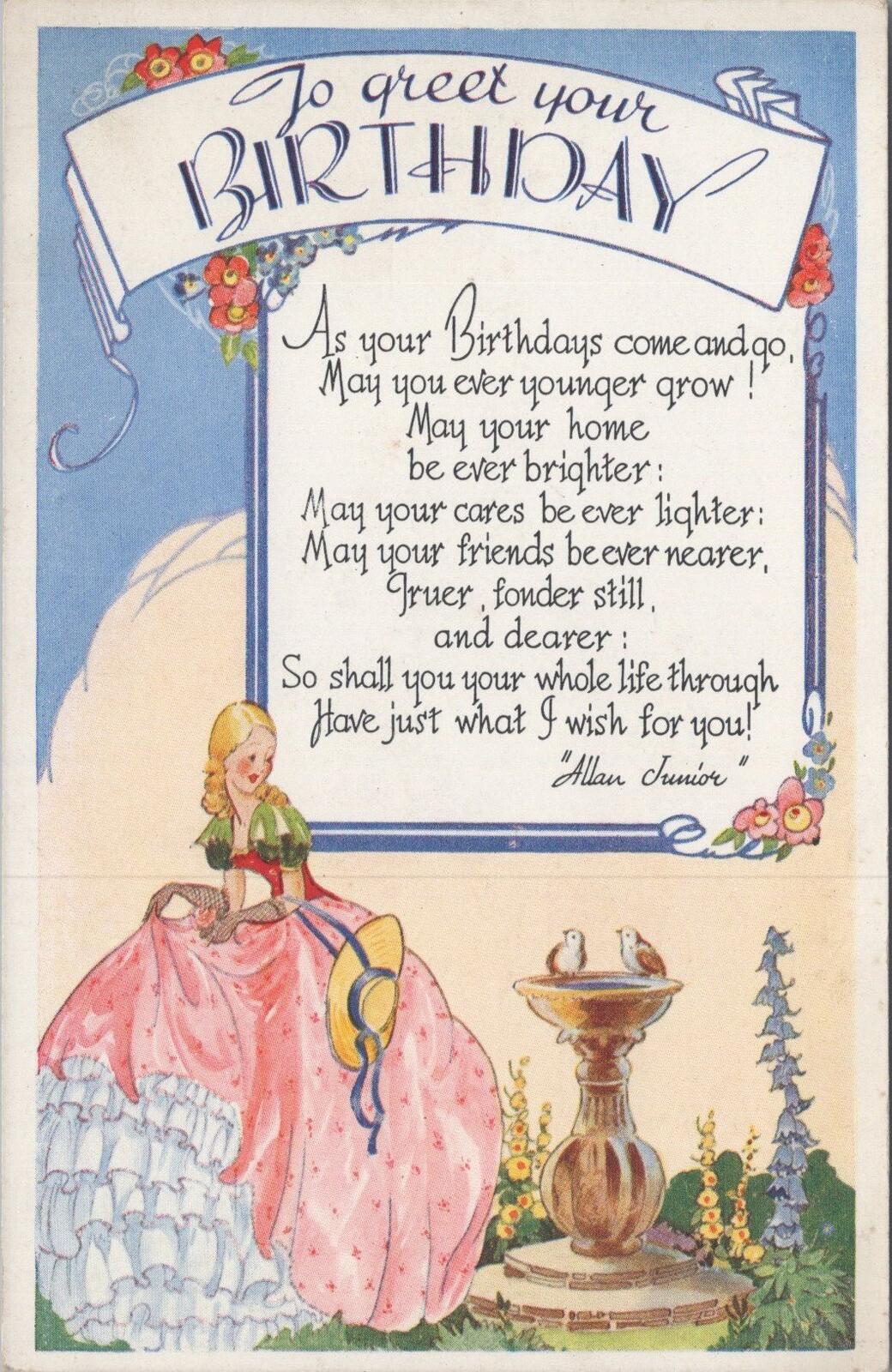 UK Postcard To Greet Your Birthday Poem Allan Junior Crinoline Lady XT2440