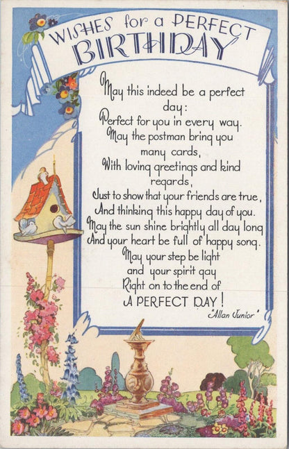 UK Postcard Wishes for a Perfect Birthday Poem Allan Junior Sundial XT2441