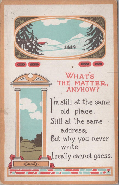 Motto Postcard: Whats the Matter Anyhow. Winter Cabin Classical Arch View XT1846