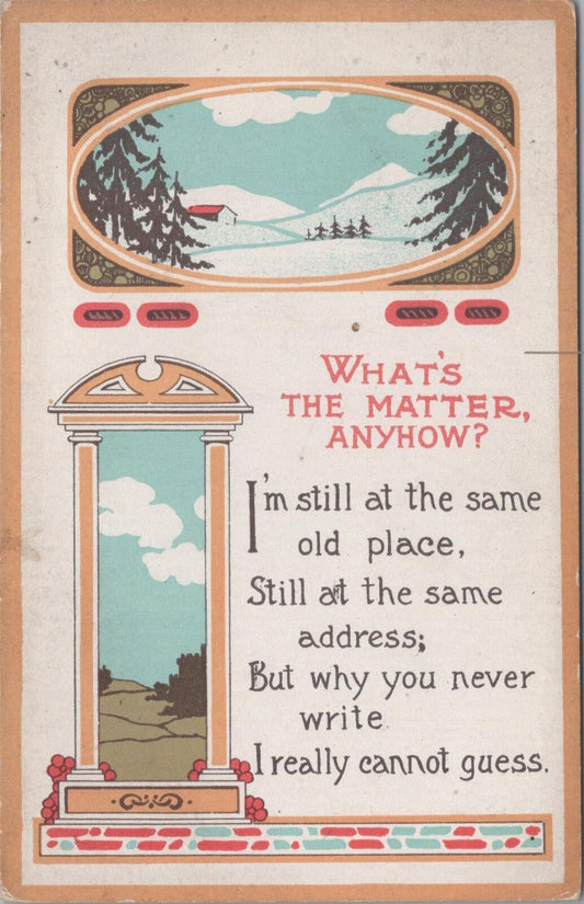 Motto Postcard: Whats the Matter Anyhow. Winter Cabin Classical Arch View XT1846