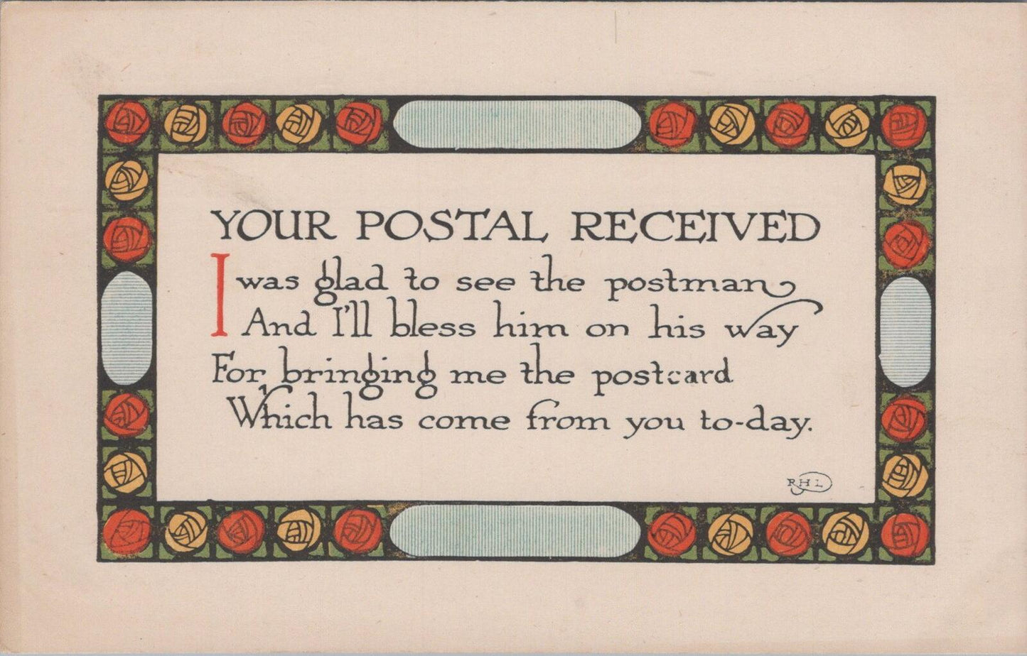 Motto Postcard: Your Postal Received. Rose Decorative Border XT1857