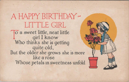 Greetings Postcard: Happy Birthday Little Girl Verse Rose Flower Art XT3394