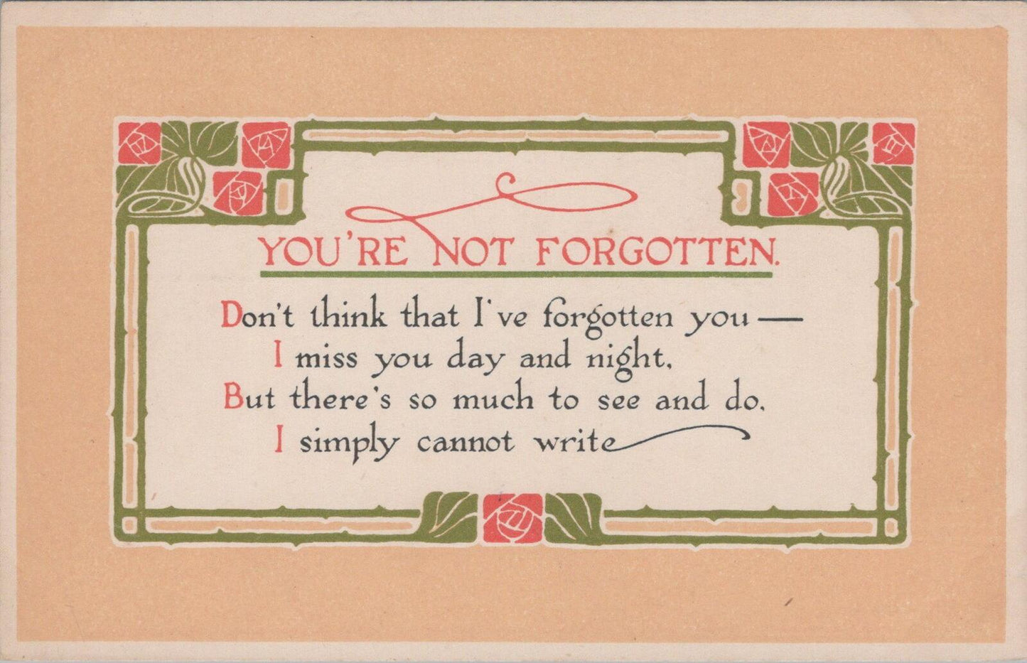 Greetings Postcard: You're Not Forgotten Verse Rose Border Design XT3396