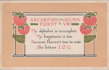 Greetings Postcard: Alphabet Incomplete Verse Art Nouveau Flower Border XT3397