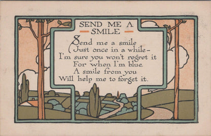 Greetings Postcard: Send Me A Smile Verse Arts Crafts Landscape Trees XT3399