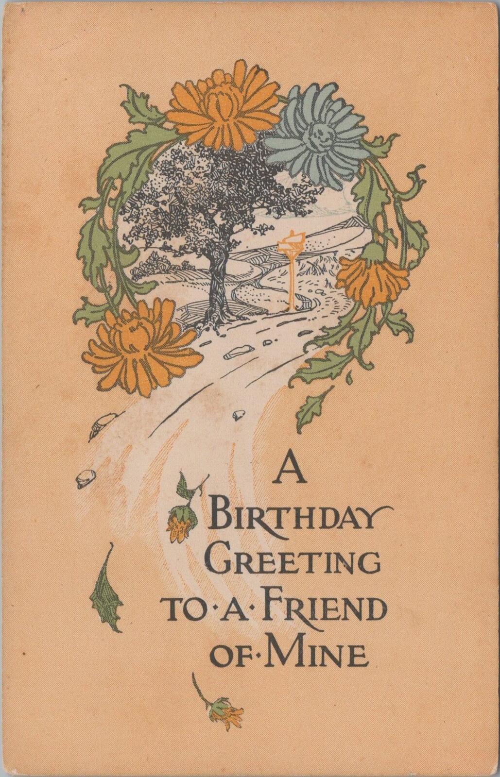 Greetings Postcard: Birthday Greeting Friend Mine Country Path Flowers  XT3411
