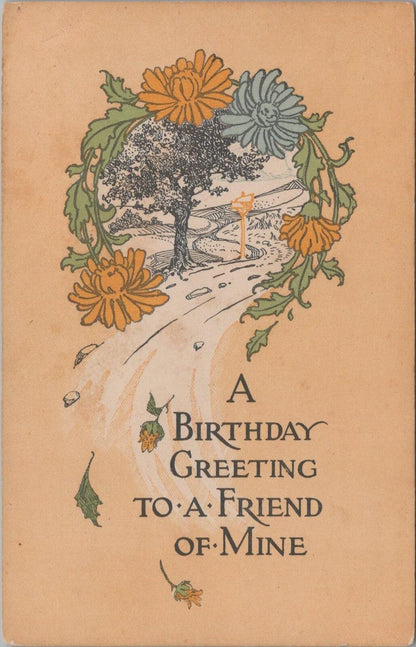Greetings Postcard: Birthday Greeting Friend Mine Country Path Flowers  XT3411