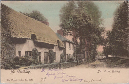 Sussex Postcard: Goring-by-Sea Sea Lane near Worthing Thatched Cottages  XT2133