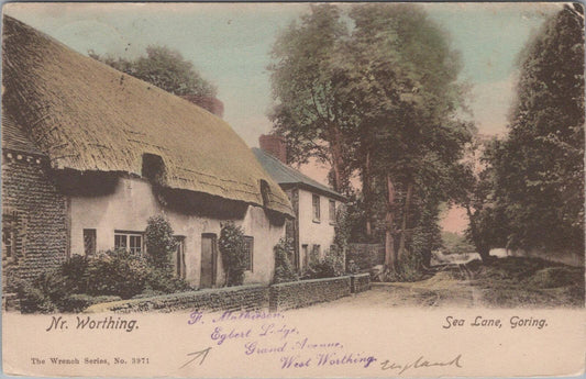 Sussex Postcard: Goring-by-Sea Sea Lane near Worthing Thatched Cottages  XT2133