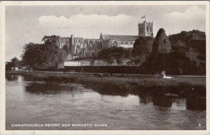 Dorset Postcard Christchurch Priory and Monastic Ruins River Avon 1950s XT2358