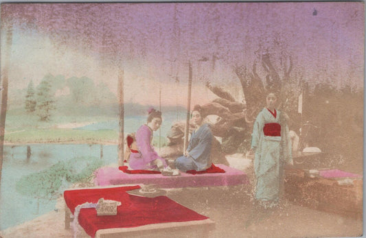 Japan Postcard Meiji Era Geisha Tea House Hand Colored Landscape Vintage XT2368
