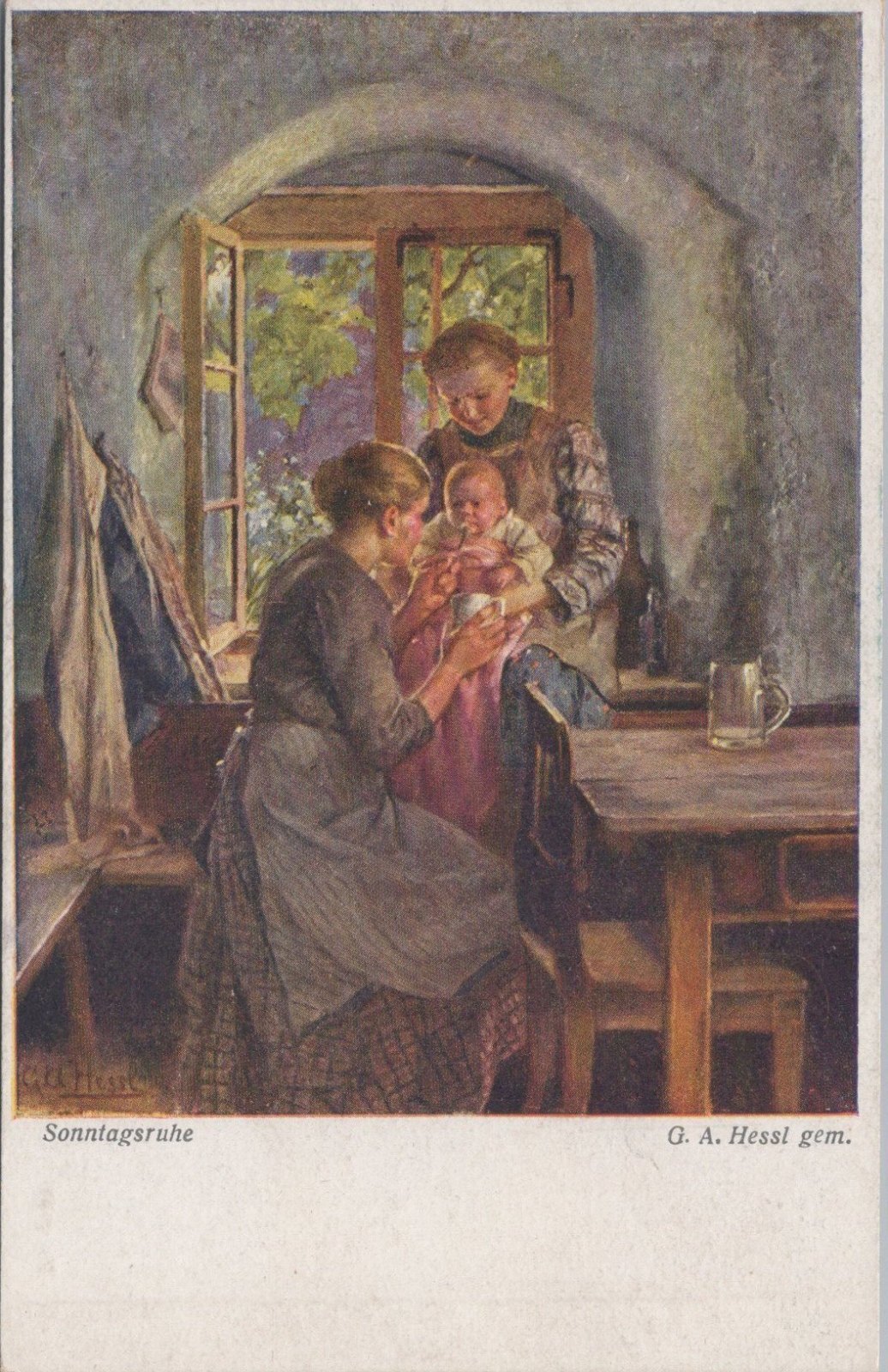 Art Postcard: Gustav Adolf Hessl Mother Feeding Baby Domestic Scene XT5586