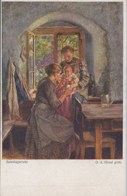 Art Postcard: Gustav Adolf Hessl Mother Feeding Baby Domestic Scene XT5586