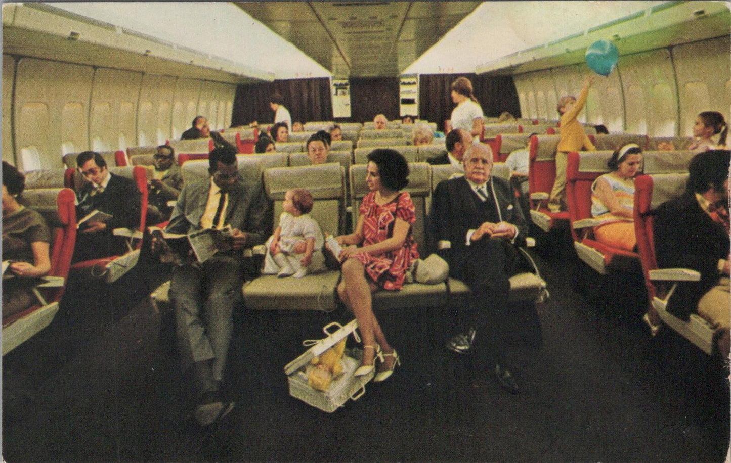USA Postcard: Pan Am Boeing 747 Airplane Interior Cabin 1970s Chrome XT2825