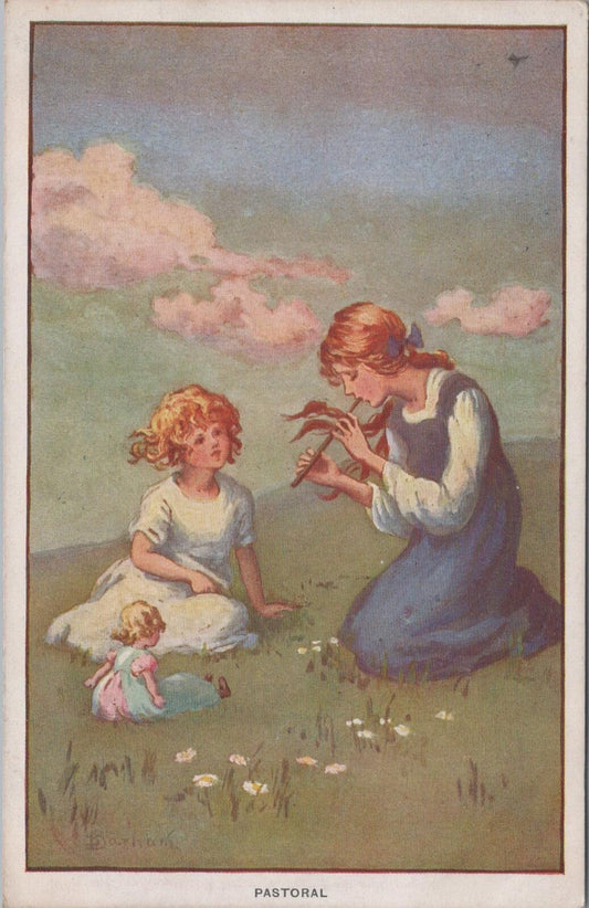Art Postcard: Pastoral Girl Playing Flute Pipe Sybil Barham Artist Drawn XT2826