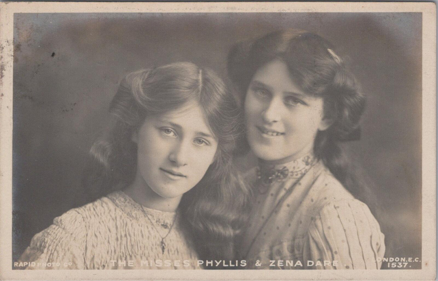 Theatrical Postcard: The Misses Phyllis & Zena Dare Actresses Sepia RPPC XT2840