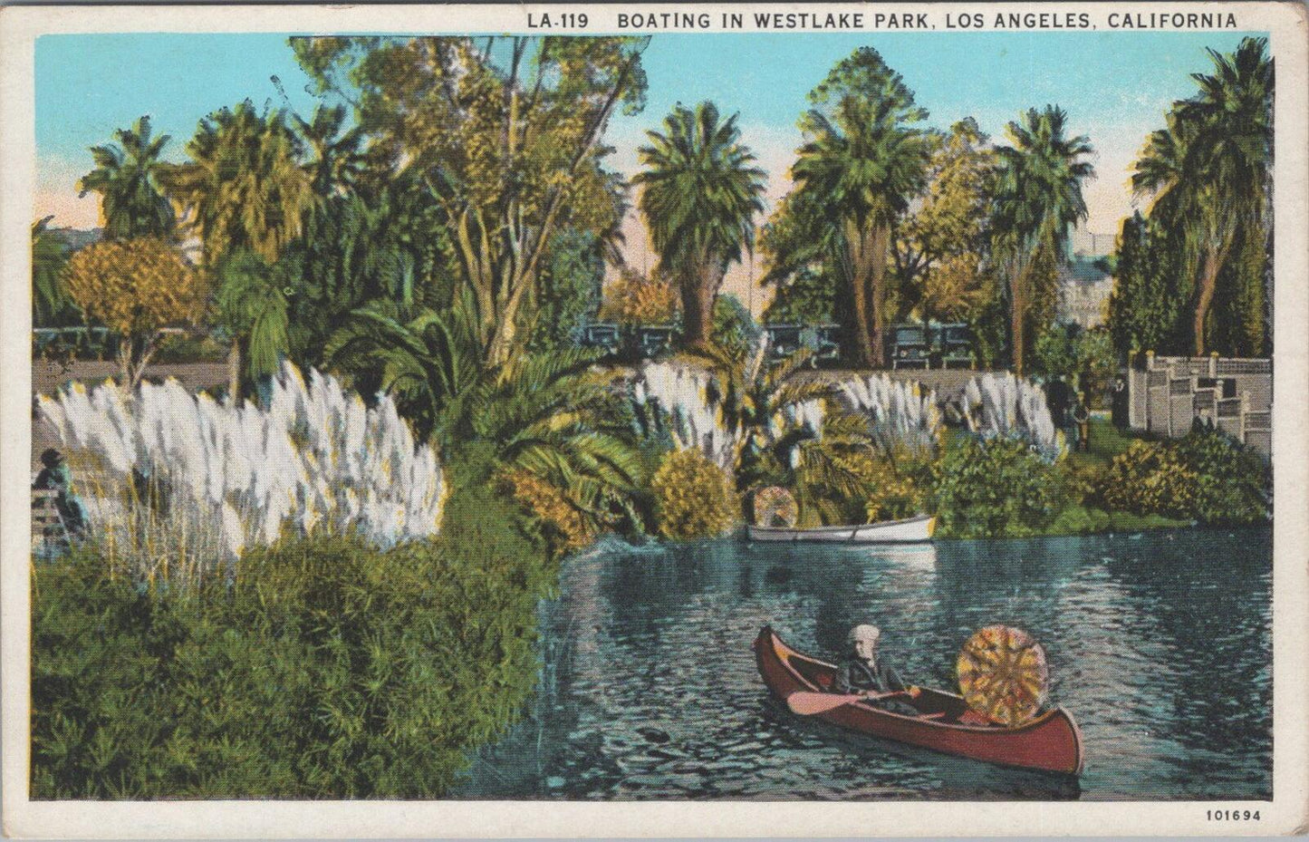 California Postcard: Boating in Westlake Park Los Angeles 1930's Linen XT2843