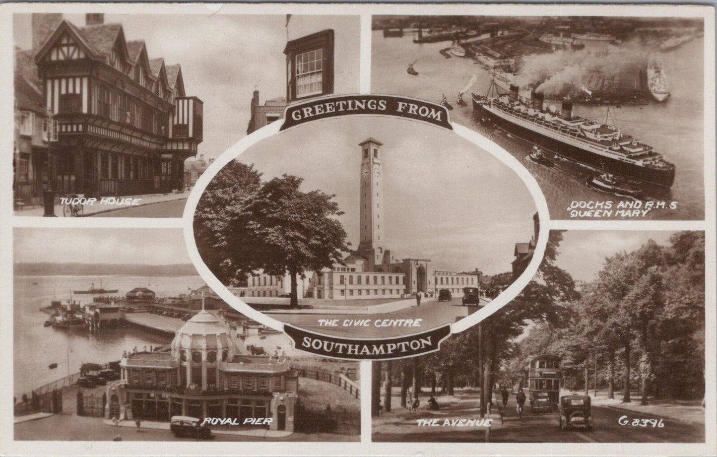 Hampshire Postcard: Greetings from Southampton Multi View 1930s RPPC XT2844