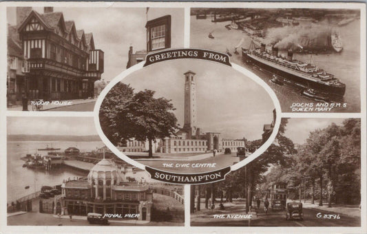 Hampshire Postcard: Greetings from Southampton Multi View 1930s RPPC XT2844