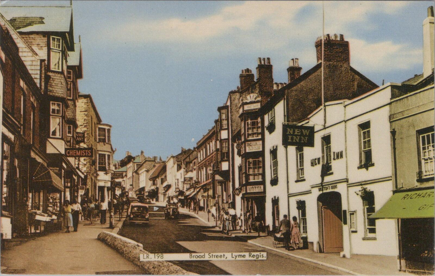 Dorset Postcard: Broad Street New Inn Shops Lyme Regis 1950s  XT2845