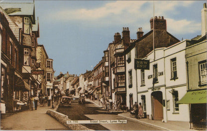 Dorset Postcard: Broad Street New Inn Shops Lyme Regis 1950s  XT2845