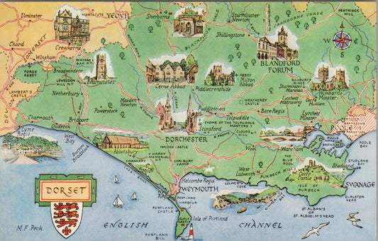 Dorset Postcard: Illustrated County Map Landmarks M F Peck 1950s  XT2855