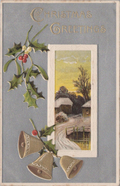 Greetings Postcard: Embossed Christmas Winter Scene Bells Holly  1908 - XT2860