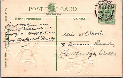 Greetings Postcard: Embossed Christmas Winter Scene Bells Holly  1908 - XT2860