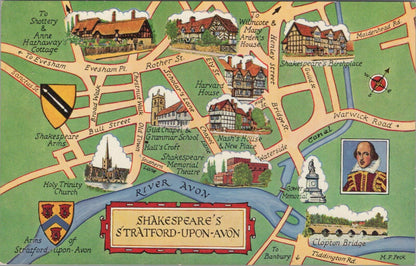 Warwickshire Postcard:Shakespeares Stratford Upon Avon Map M F Peck 1950s XT2871