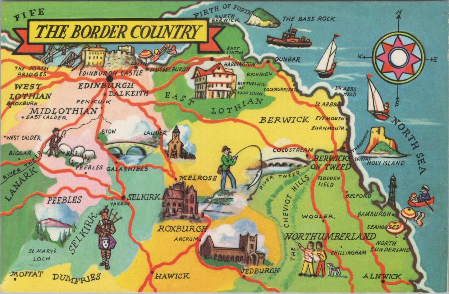 Scotland Postcard: The Border Country Map Edinburgh Lothian Illustration XT2872