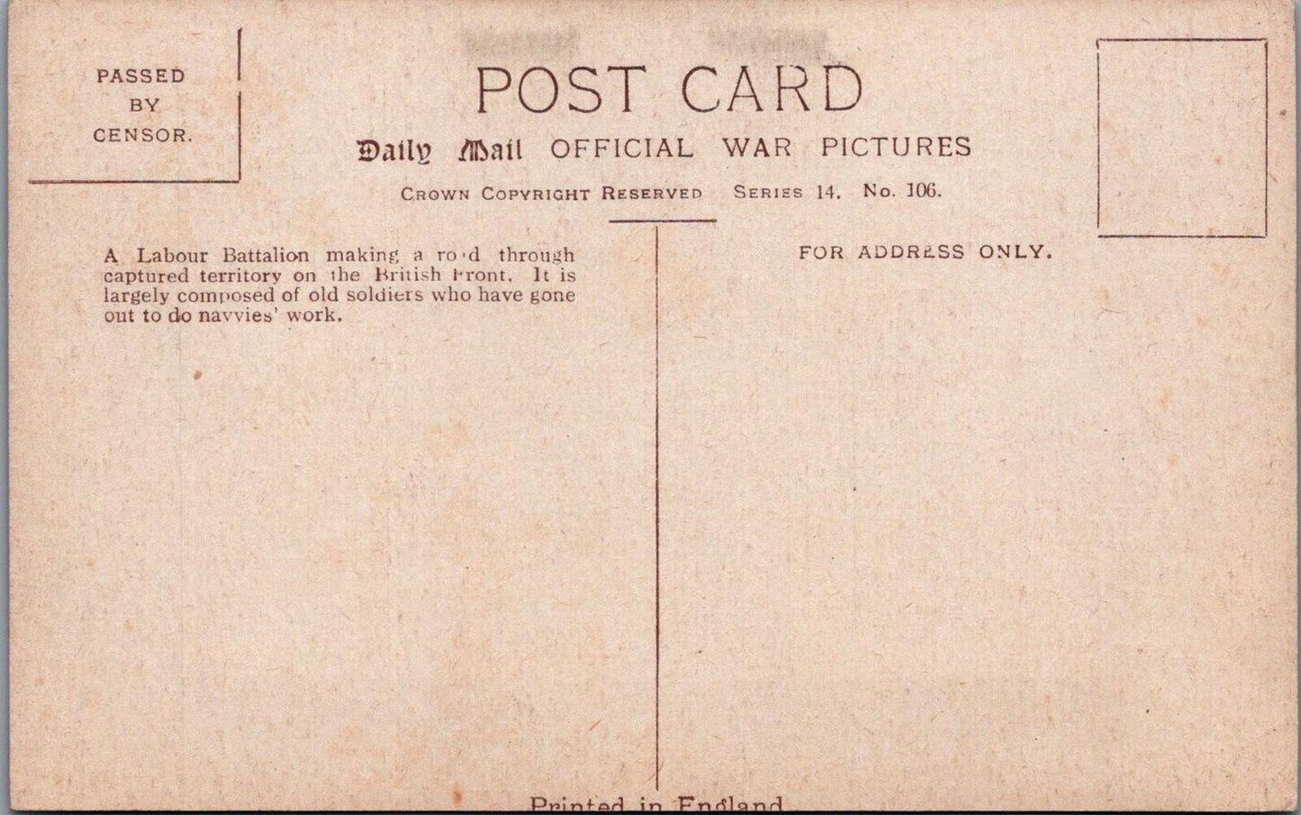 France Postcard: British Labour Battalion WWI Road Making Daily Mail XT2876
