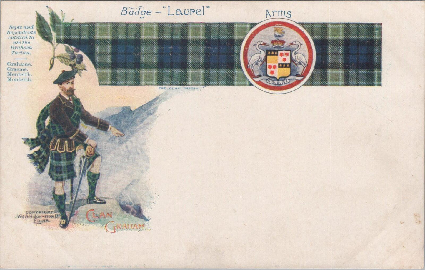 Scotland Postcard: Clan Graham Tartan Coat of Arms Badge Laurel 1900s XT2883