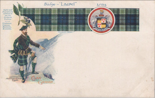 Scotland Postcard: Clan Graham Tartan Coat of Arms Badge Laurel 1900s XT2883