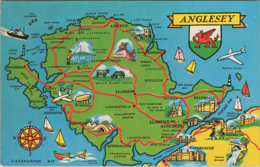 Anglesey Postcard: Illustrated Map Landmarks Menai Bridge Beaumaris   XT2884