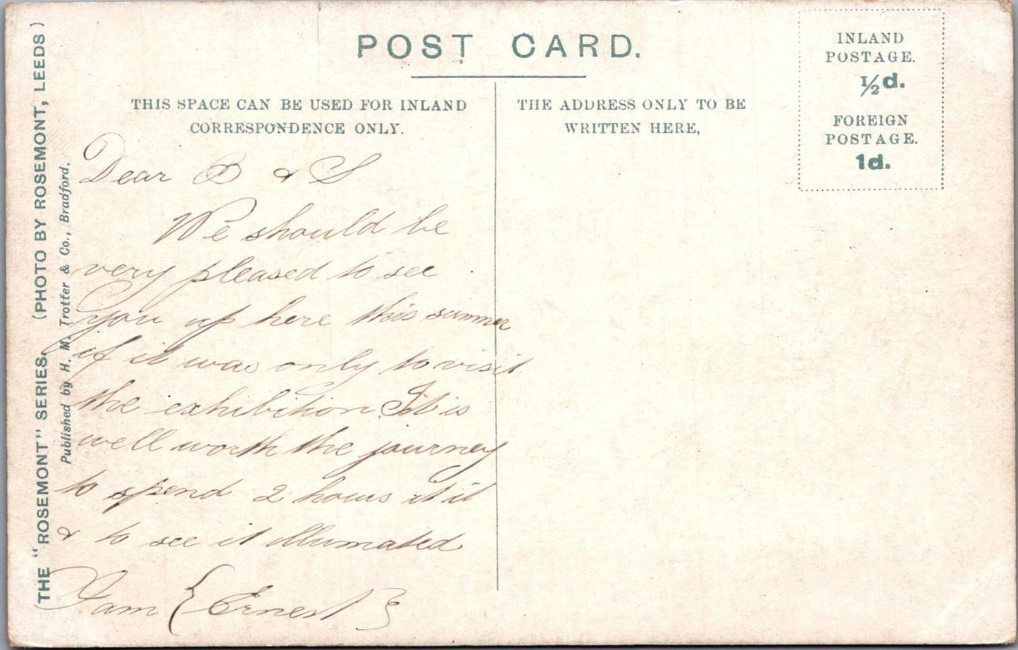 Yorkshire Postcard: "Concert Hall" Bradford Exhibition 1904 - XT1430