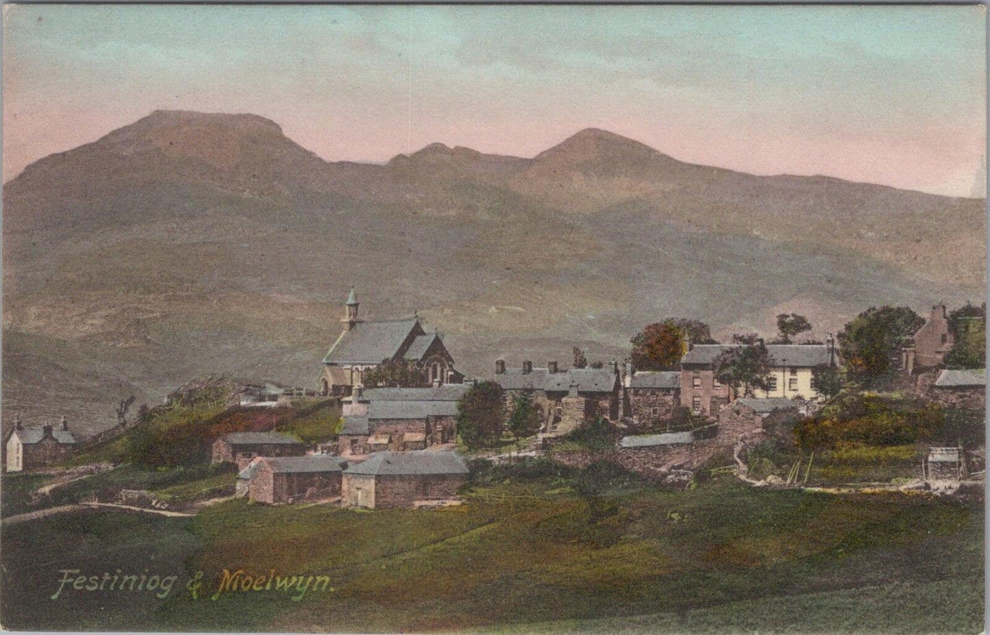 Wales Postcard: Llan Ffestiniog Village and the Moelwyn Mountains   XT1952