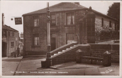 Yorkshire Postcard: Haworth, Black Bull Inn, Stocks and Church Steps XT1958
