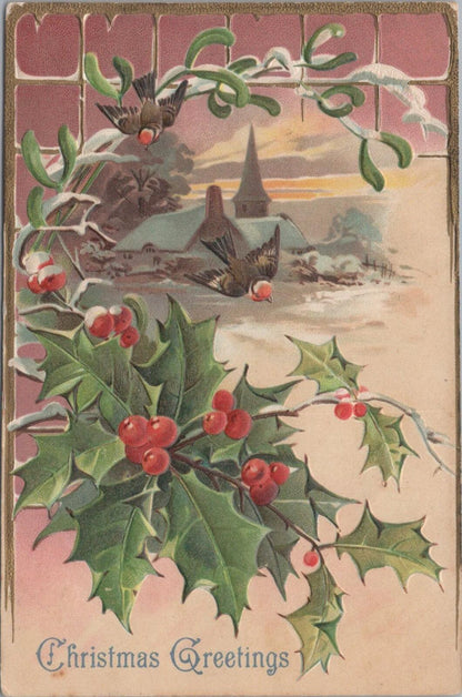 Embossed Christmas Postcard: Birds Perched on Holly Branches Snowy Scene XT2060