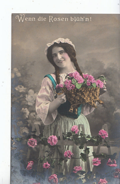 Floral Romantic Girl with Basket of Roses Fence Theme Postcard MB1796