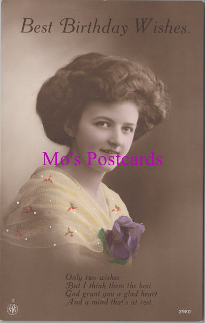 Edwardian Beautiful Lady Portrait Yellow Shawl Purple Rose Postcard RS37791
