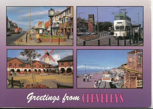 Lancashire Postcard: Cleveleys Multi-View, Tram, Promenade, Windmill 80’s 20720A