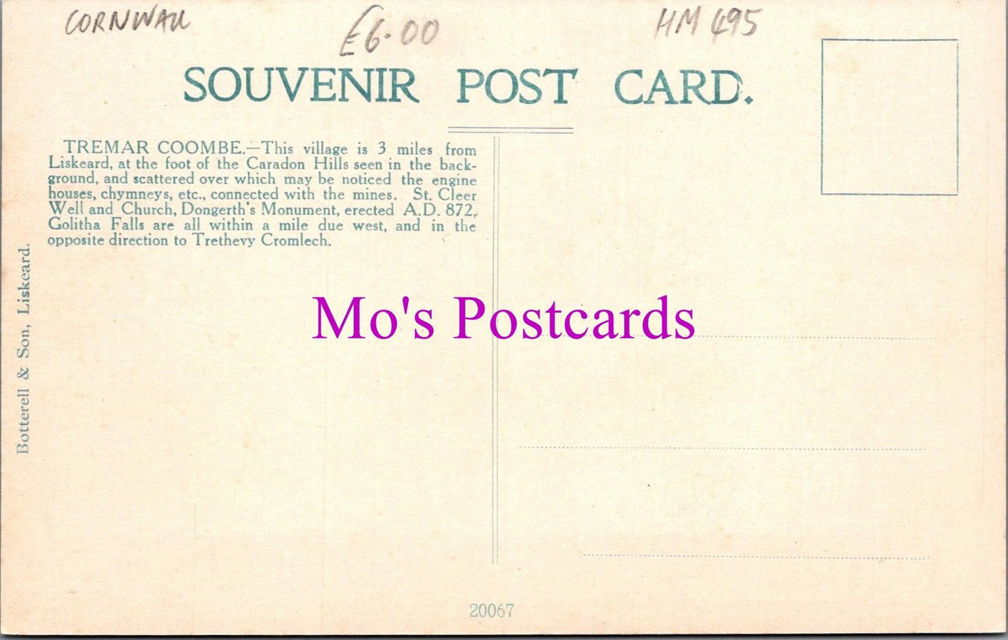 Cornwall Postcard - Tremar Coombe Hamlet, Near Liskeard  HM495