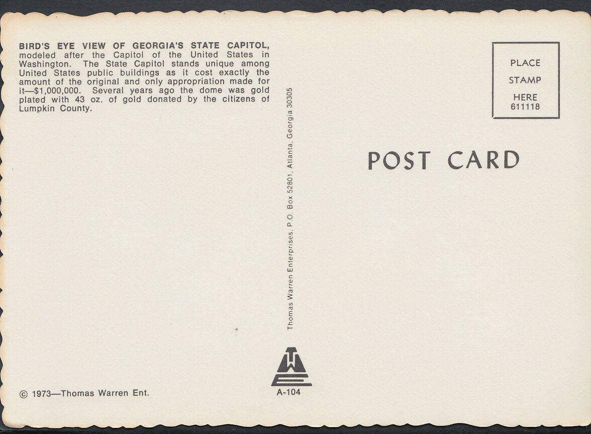 America Postcard: Bird's Eye View of Georgia's State Capitol RR2141