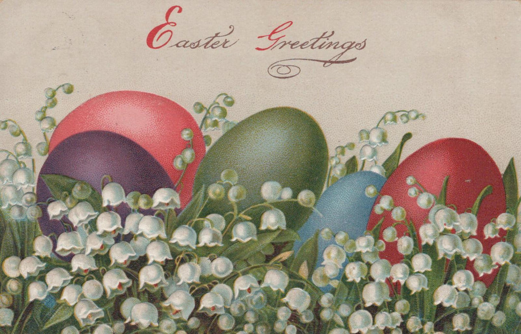 Easter Greetings Postcard - Dyed Easter Eggs and Lily of the Valley Flowers XT58