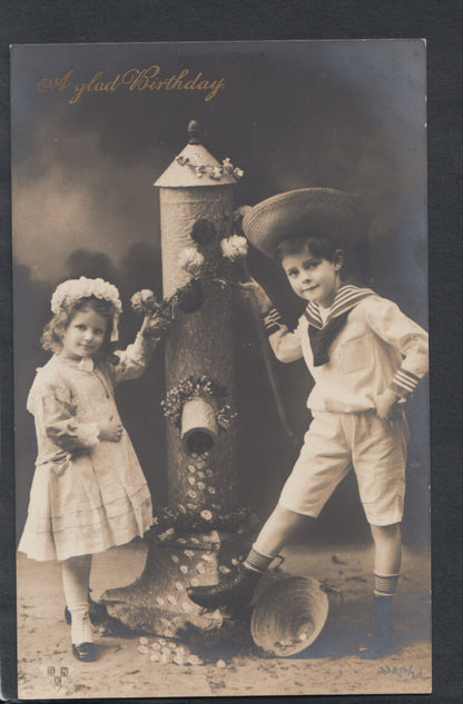 Cute Sailor Boy And Girl With Water Pump Real Photo Postcard T2520