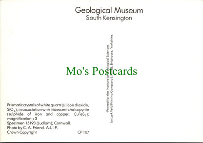 Geological Museum Postcard - Prismatic Crystals of White Quartz  RR19160